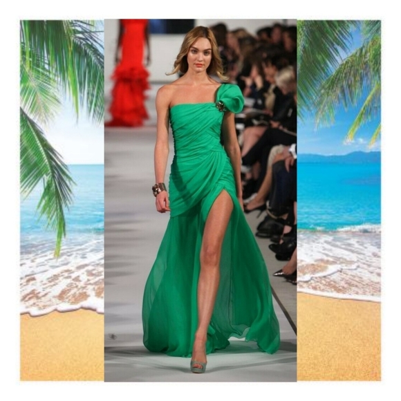 $5,990 OSCAR DE LA RENTA STUNNING VIVID GREEN SILK RUNWAY GOWN US 12 XL - Picture 9 of 16